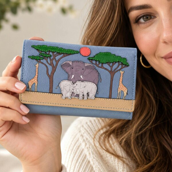 Mala Leather Savanna Safari Elephant & Giraffe Leather RFID Trifold Purse