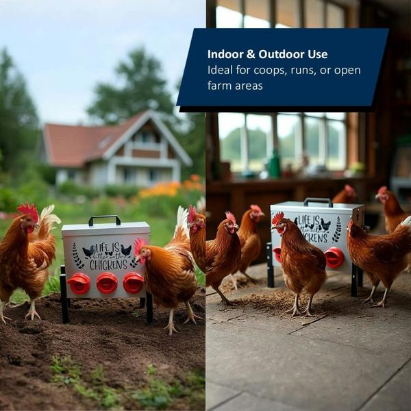 Split image showing chickens gathered around the chicken feeder shown in both outdoor and indoor farm settings