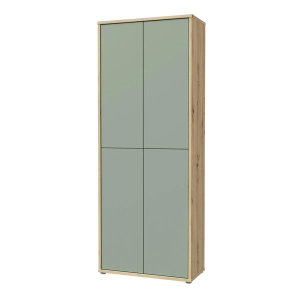 Furniture To Go Alice Springs Shoe Cabinet with 4 Doors Push-to-Open in Artisan Oak and Sage Green Doors
