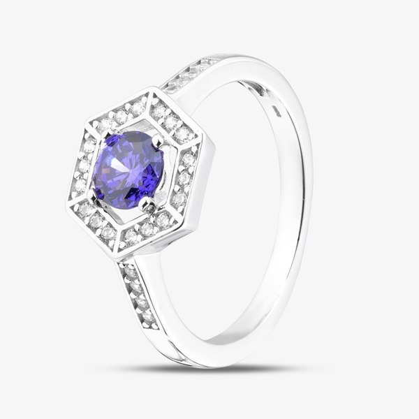 T. H. Baker Rhodium Plated Sterling Silver Purple & White Cubic Zirconia Hexagon Halo Ring 8.84.0991
