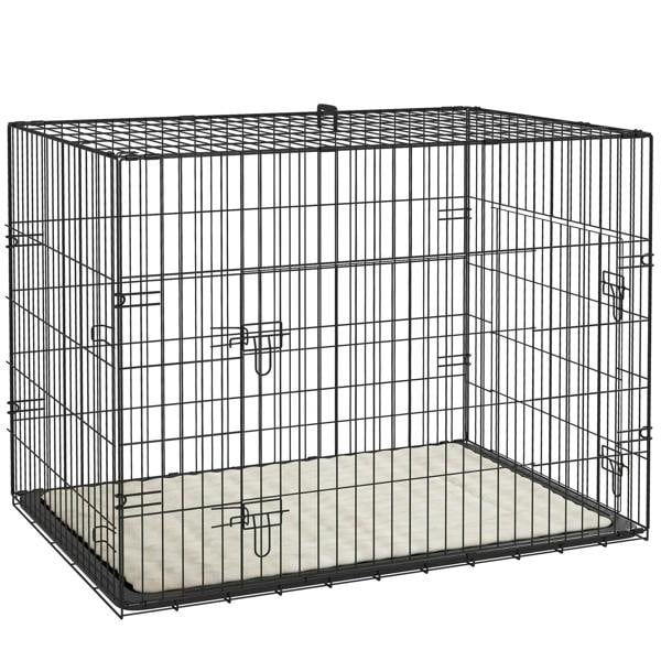 Black foldable dog crate with front doors and removable tray, padded cushion base