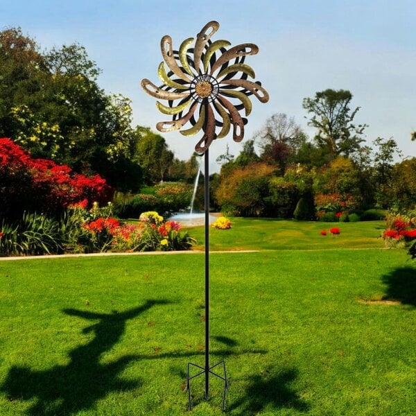 EDH Door Hardware Small Golden Flare Vortex Wind Spinner Stake – 120 x 36 x 15 CM | Metal Kinetic Garden Wind Sculpture