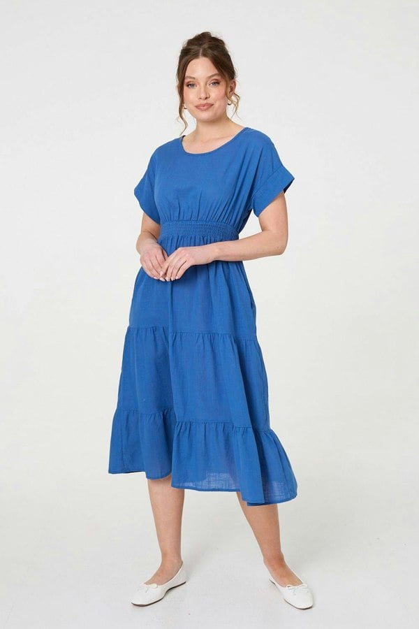 Blue | Relaxed Short Sleeve Tiered Midi Dress
