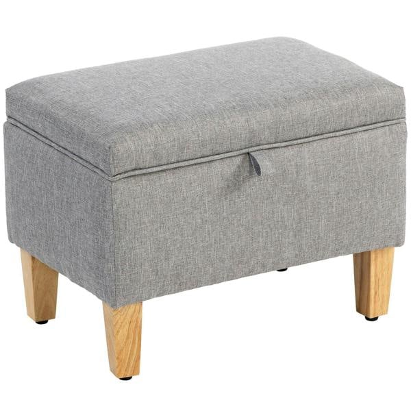 Light grey linen storage ottoman with padded lid and wooden legs, rectangular shoe bench