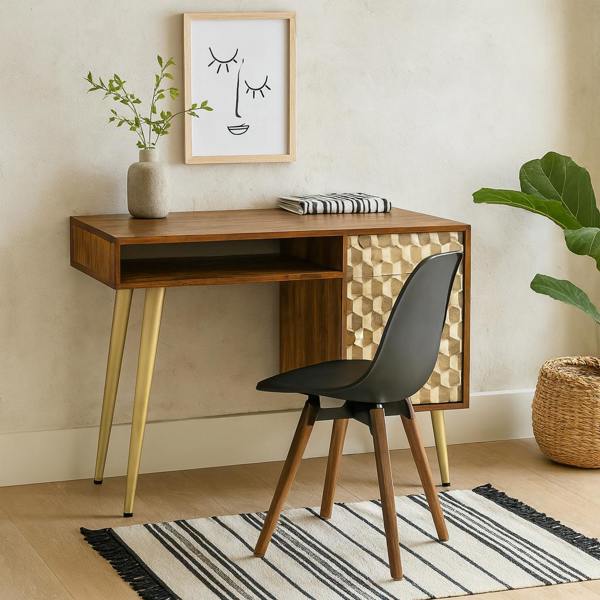 Wyld Haus Beijing Mango Wood Desk 1 Drawer 1 Door Gold Geometric Pattern