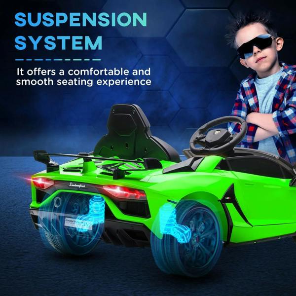 Lamborghini Aventador 12V kids electric car in bright green, rear view with rider seated