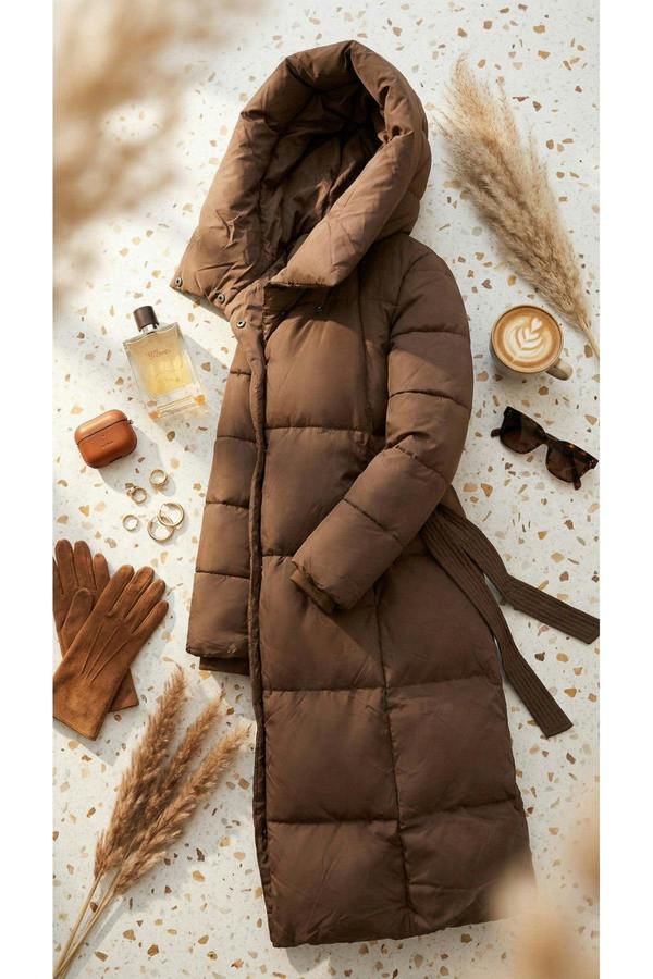 Velina Longline Puffer Coat With Belted Waist - Brown