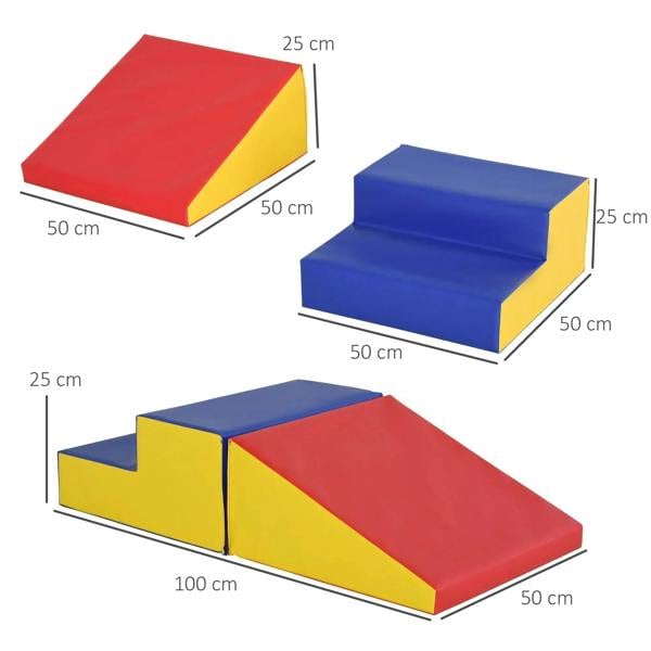 Foam climbing playset pieces with red ramp, blue steps, and yellow side blocks
