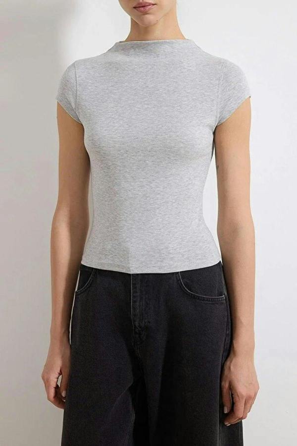 WOVCOR Striped Fitted High Neck Short Sleeve Soft Knit Blouse