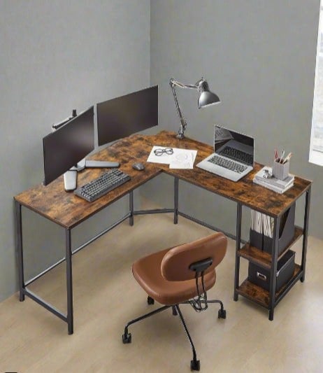 Modcraft Rustic Brown & Black L-Shaped Computer Desk with Storage Shelves – 138x138 cm