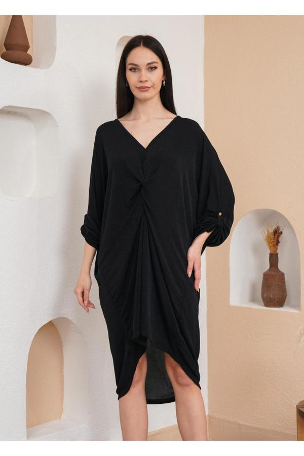 Hoxton Gal Oversized Twist Front Detailed Button Sleeve Mini Dress in Black Glitter