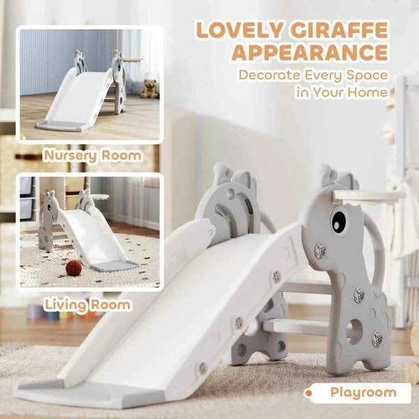 3 in 1 Kids Slide with Climber, Basketball Hoop and Ball, Giraffe Shape Climber Slide for Indoor Kids Age 1-3, Grey