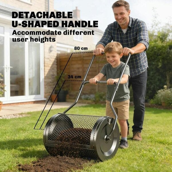 Compost Spreader, 20" Peat Moss Spreader with Detachable U-Shaped Handle and Metal Mesh Basket