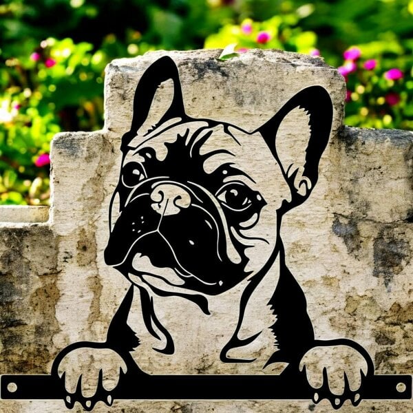 EDH Door Hardware Metal Frenchie Peeking Dog Silhouette – 28cm x 32cm | Decorative Metal French Bulldog Art for Home & Garden Décor