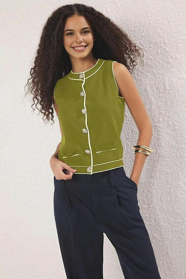 WOVCOR Crew Neck Color Block Knit Thin Blouse
