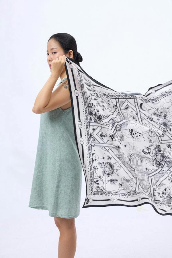 Monochrome Nautical Twill Silk Scarf – Printed Mulberry Silk, Hand-Rolled Hem