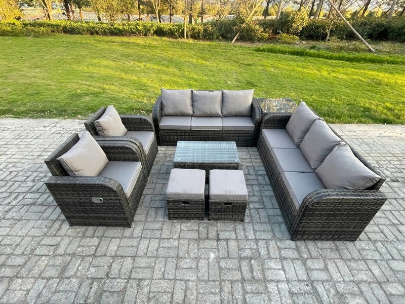 Fimous Dark Grey Mixed Rattan Outdoor Sofa Dining Set - 3-Seater Sofa, Reclining Chair, Side Table & 2 Small Footstools