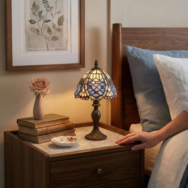 Classic Hand Crafted Round Beaded Tiffany Table Lamp in Lavender Lilac Image 6