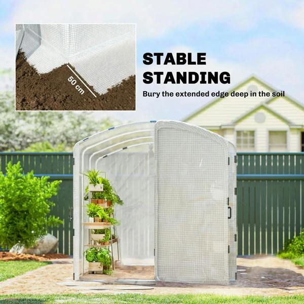 Walk-in greenhouse with white PE cover and ground-bury extended edge stabilizer
