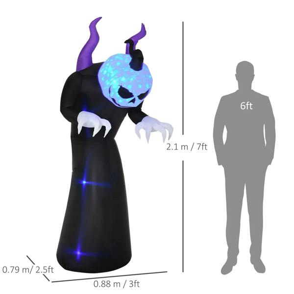Black inflatable ghost with purple horns and glowing blue jack-o’-lantern face; size silhouette