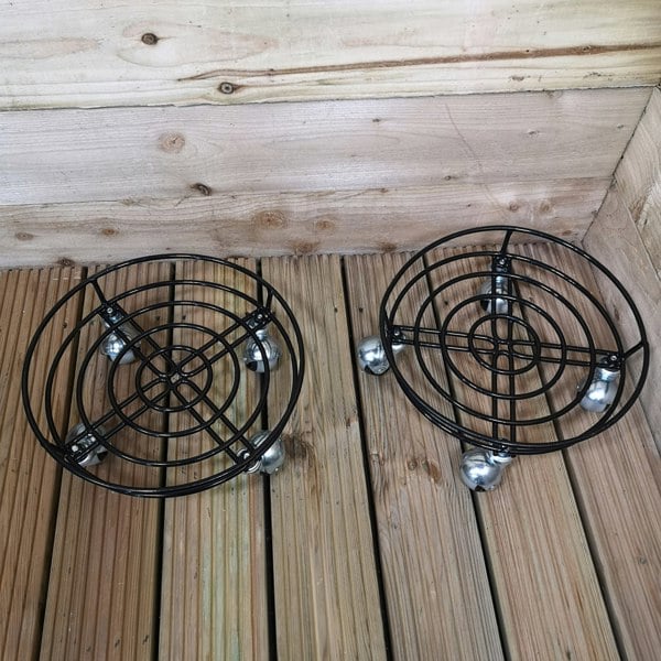 Samuel Alexander Pack of 2 Tom Chambers Handcrafted Heavy Duty Round Black Metal Plant Flower Pot Stands on Strong Metal Castor Wheels 32cm