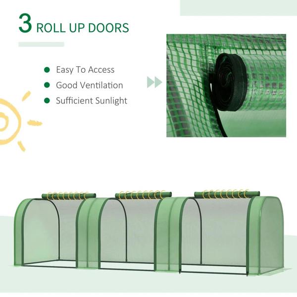 Green mini polytunnel greenhouse featuring three roll-up doors and arched frame