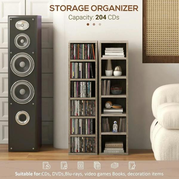 Dark wood-effect CD storage unit with open shelves, CDs and book spines displayed.