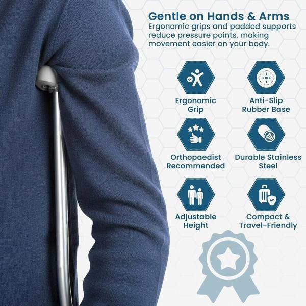 Medital Underarm Crutches for Adults - 2 Piece Lightweight 112–132cm Adjustable Stainless Steel Crutches with Ergonomic Grip