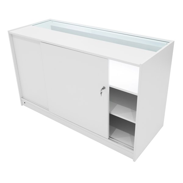 Helios LED shop counter set in white, featuring a sleek design with sliding doors, glass top, and interior shelving for storage