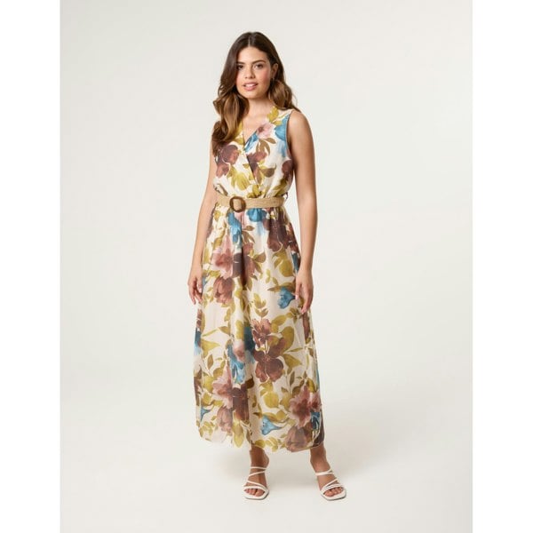 Blue Vanilla Floral Wrap Belted Fine Silk Dress