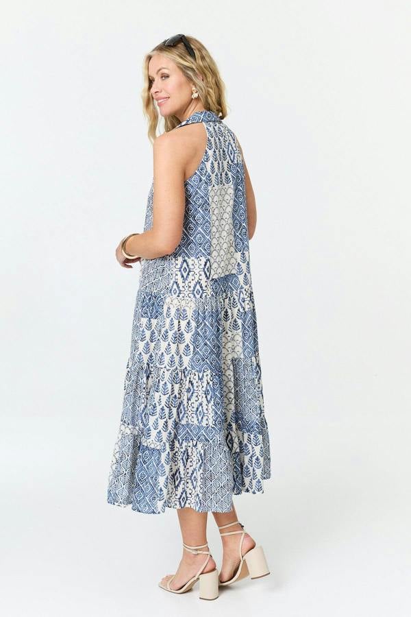 Blue | Printed Sleeveless Shirt Midi Dress