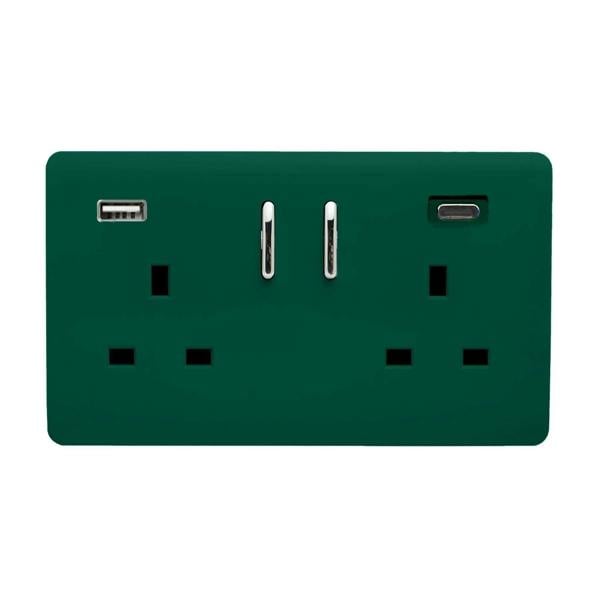Trendi Switch 2 Gang USB 3100mA Type A & C USB Plug Socket in Dark Forest Green