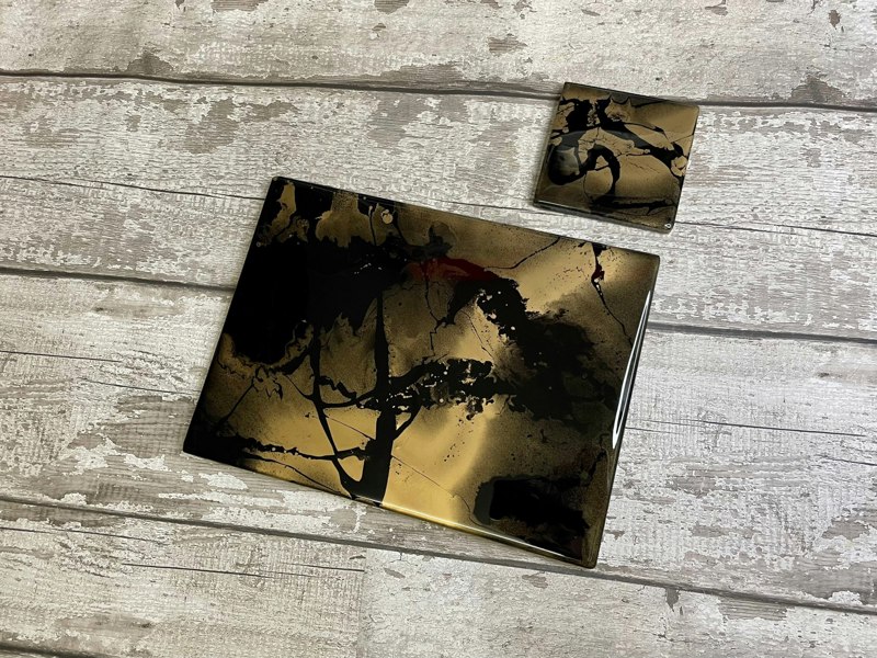 Kate Chesters Art Black Gold Resin Placemats and Coasters Dining Set - Heat Tolerant