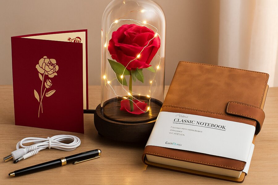 smartbies Enchanted Rose in Glass Gift set With Notebook USB Cable or Battery Powered