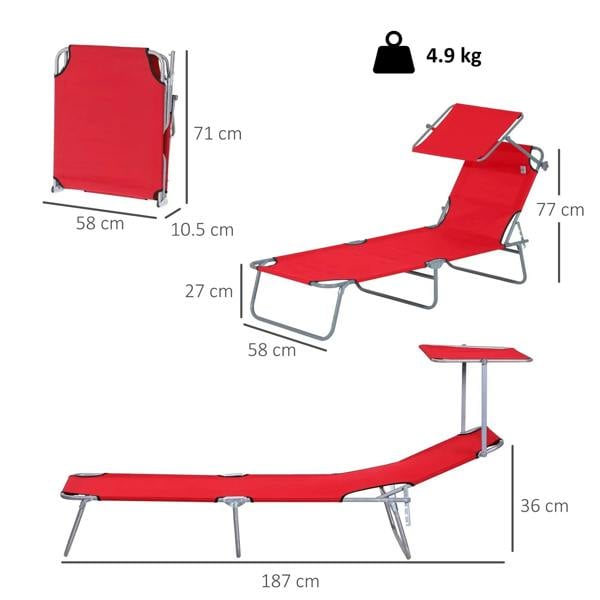 Red folding sun lounger with steel legs shown in multiple angles and size diagram