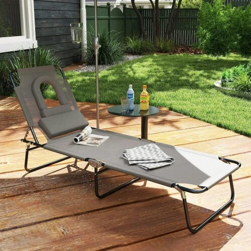 Bobobiy Folding Sun Lounger Reclining Chair w/ Pillow Reading Hole Garden Beach