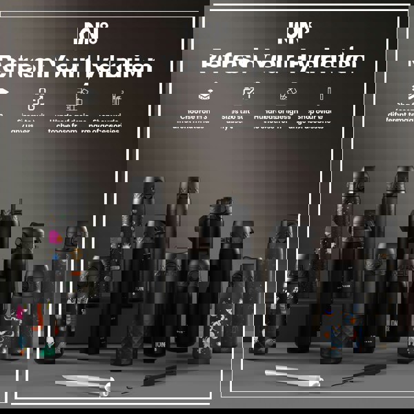 Several ION8 water bottles, in various sizes and designs, are displayed on a gray surface. Accessories are also shown. The text reads: "ION8 Refresh Your Hydration. Choose from 3 different materials. Sizes to suit any user. Hundreds of designs to choose from. Shop our wide range of accessories."