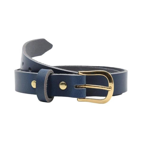 Front view of Navy leather belt with a gold buckle on a white background