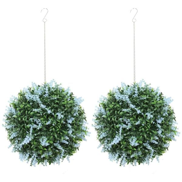 Set of 2 artificial topiary ball planters with blue-green leaves on hanging loops