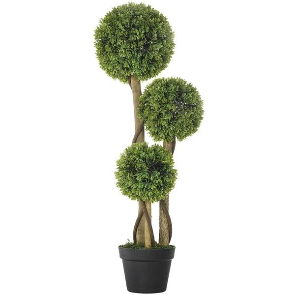 Artificial boxwood ball topiary tree set, three green spheres in black planter pot