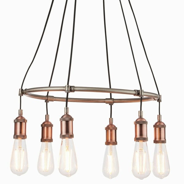 Multi Light Ceiling Pendant AGED COPPER 6 Lamp Industrial Chandelier Bulb Holder Loops