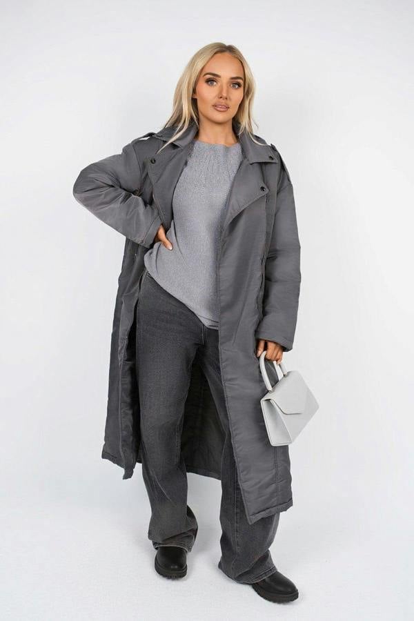 Yvette Longline Padded Coat With Side Pockets - Grey