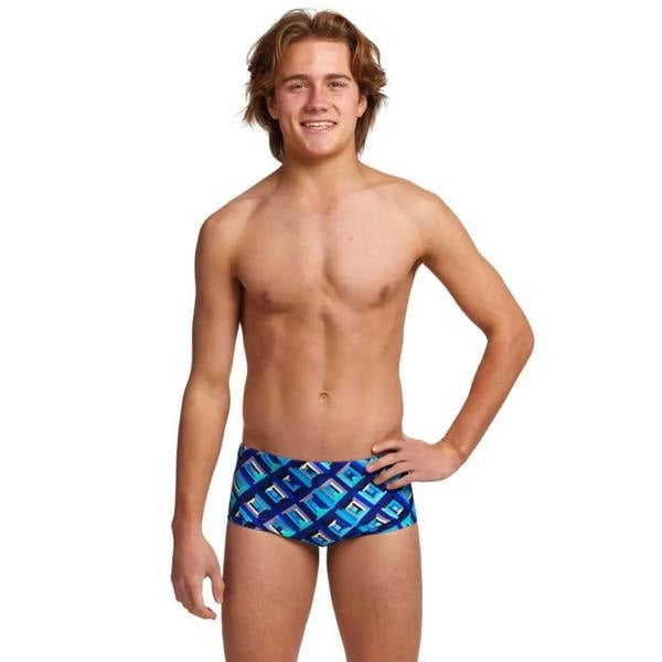 Funky Trunks Boys blue bunkers sidewinder swim trunks with geometric pattern