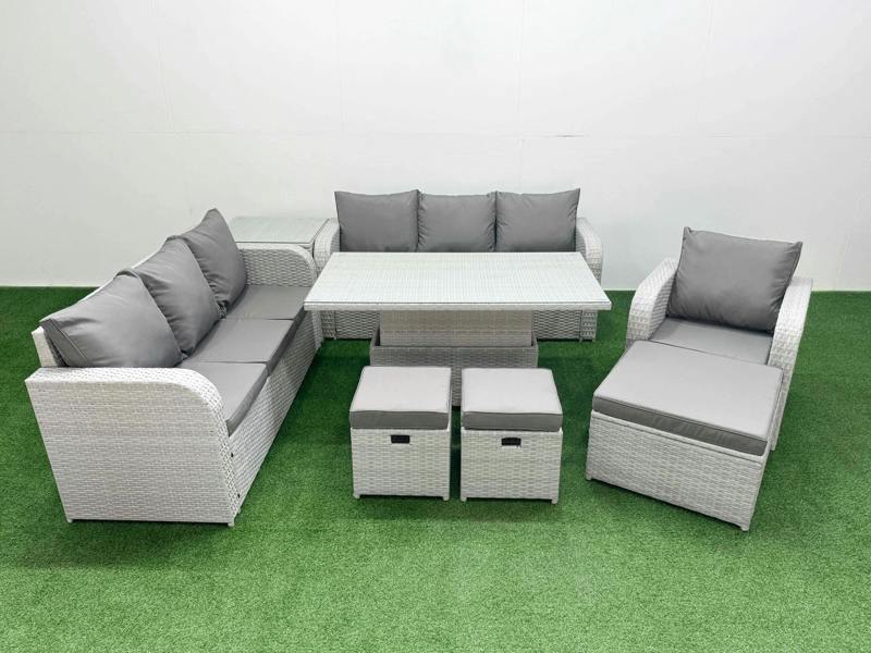 Fimous 10 Seater PE Rattan Garden Furniture Patio Set, Adj Height Table, 2x 3 Seater Sofas, Reclining Chair, 3 Stools, Side Table, Light Grey