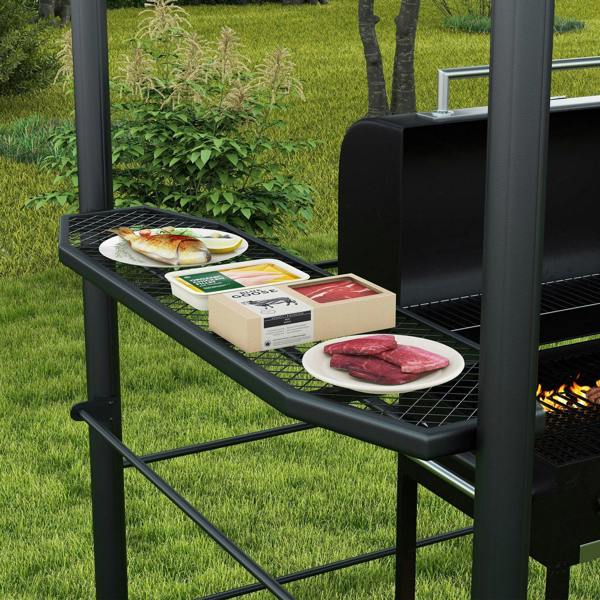 Dark grey grill gazebo with side shelf showing food packages and grilling space