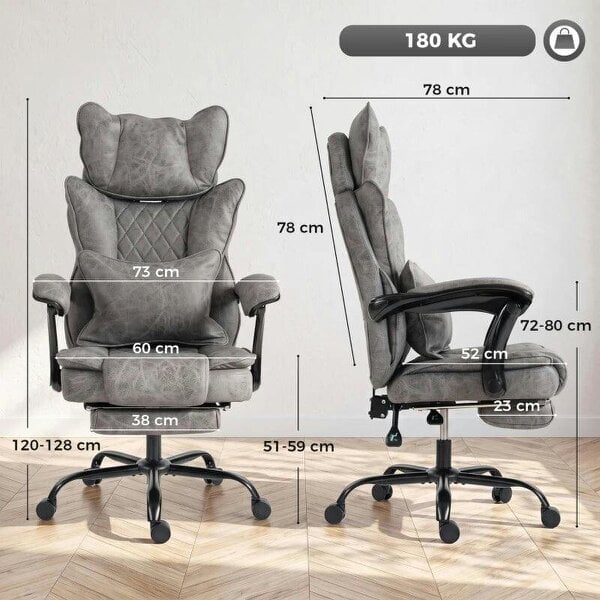 Executive Office Chair, Leathaire Big and Tall Office Chair 180 kg with Wide Seat, Reclining, Lumbar Support, Grey