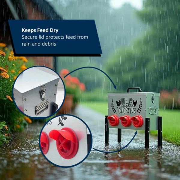 Chicken feeder standing in the rain, showing a sealed lid and covered ports that keep feed dry