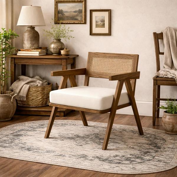 Wyld Haus Martone Wooden Rattan Ecru White Woven Accent Chair
