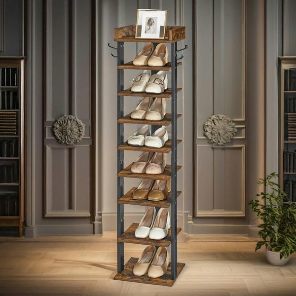 Rafaelo Mobilia 9 Tier Shoe Rack Narrow Brown