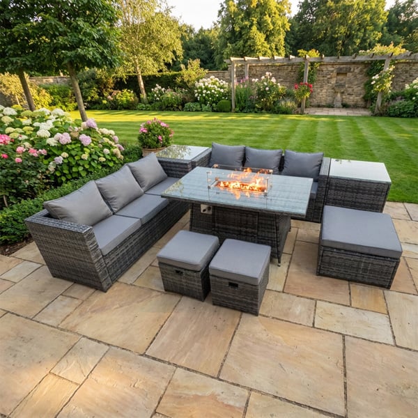 Fimous 9 Seater Rattan Garden Furniture Set with Fire Pit Dining Table, 2 Sofas, 2 Side Tables & 3 Footstools - Dark Grey